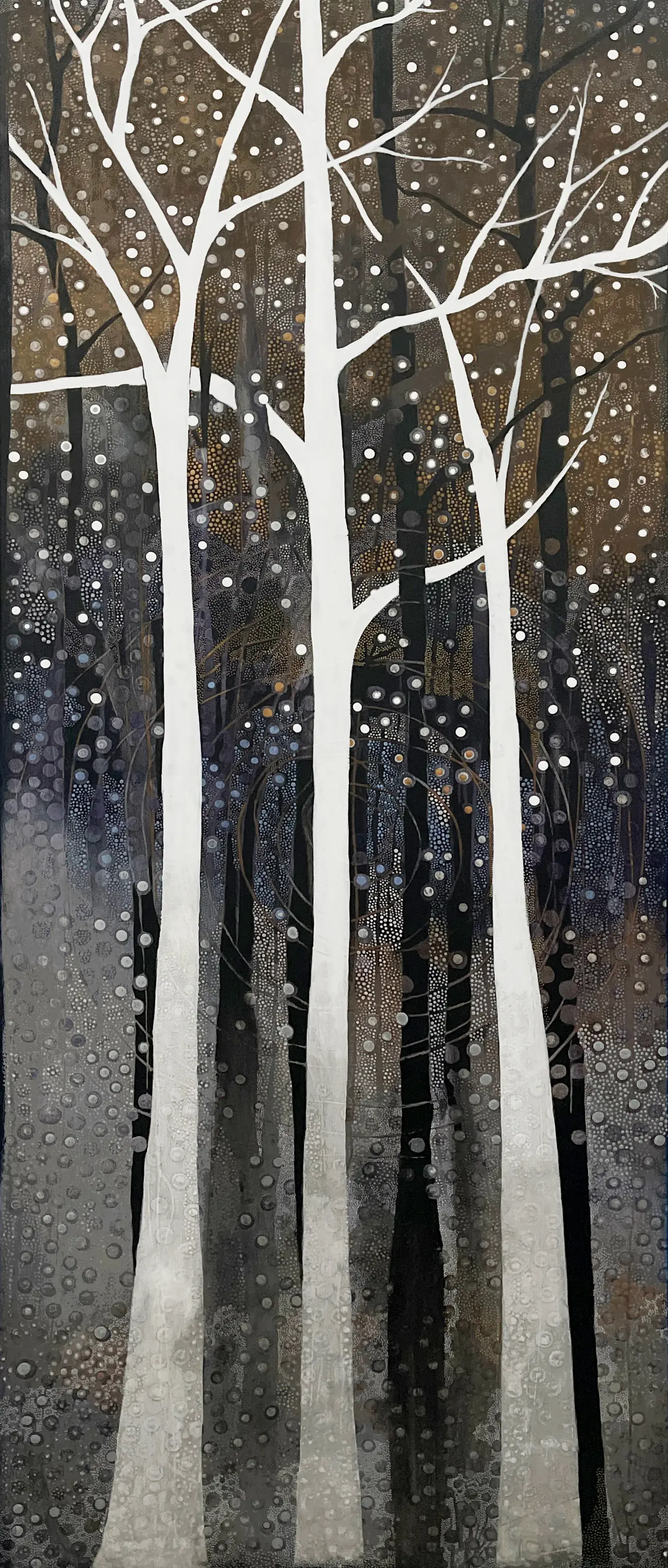 Pointillism artwork by Enriqueta Ahrensburg. Composed of thousands of tiny dots in shades of white, blue, and grays.