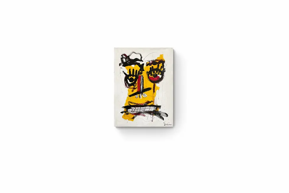 Thumbnail: Painting by Soren Grau with bold black and red strokes over a vivid yellow base, featuring expressive eyes on an empty wall