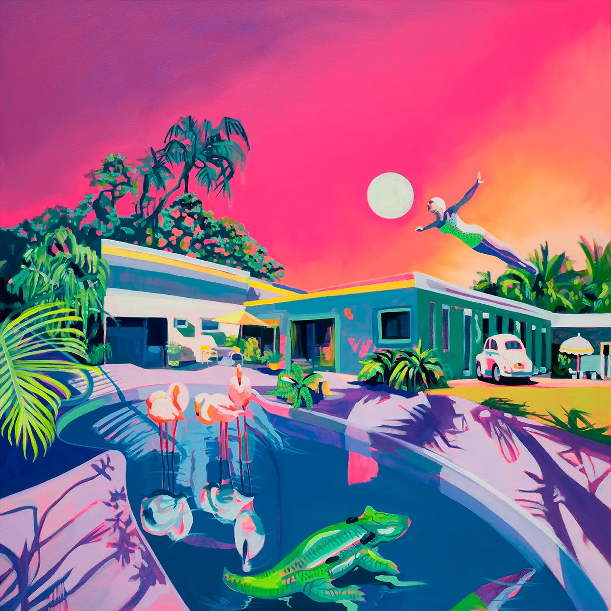 A painting by Ruth Mulvie of a surreal scene with a woman flying above a suburban house, flamingos and a crocodile in a pool
