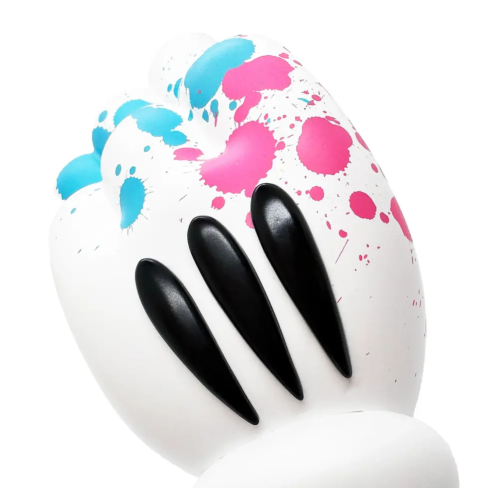 Miniatura: Vinyl sculpture by OG Slick featuring two gloved hands forming a heart shape, splattered with pink and teal paint