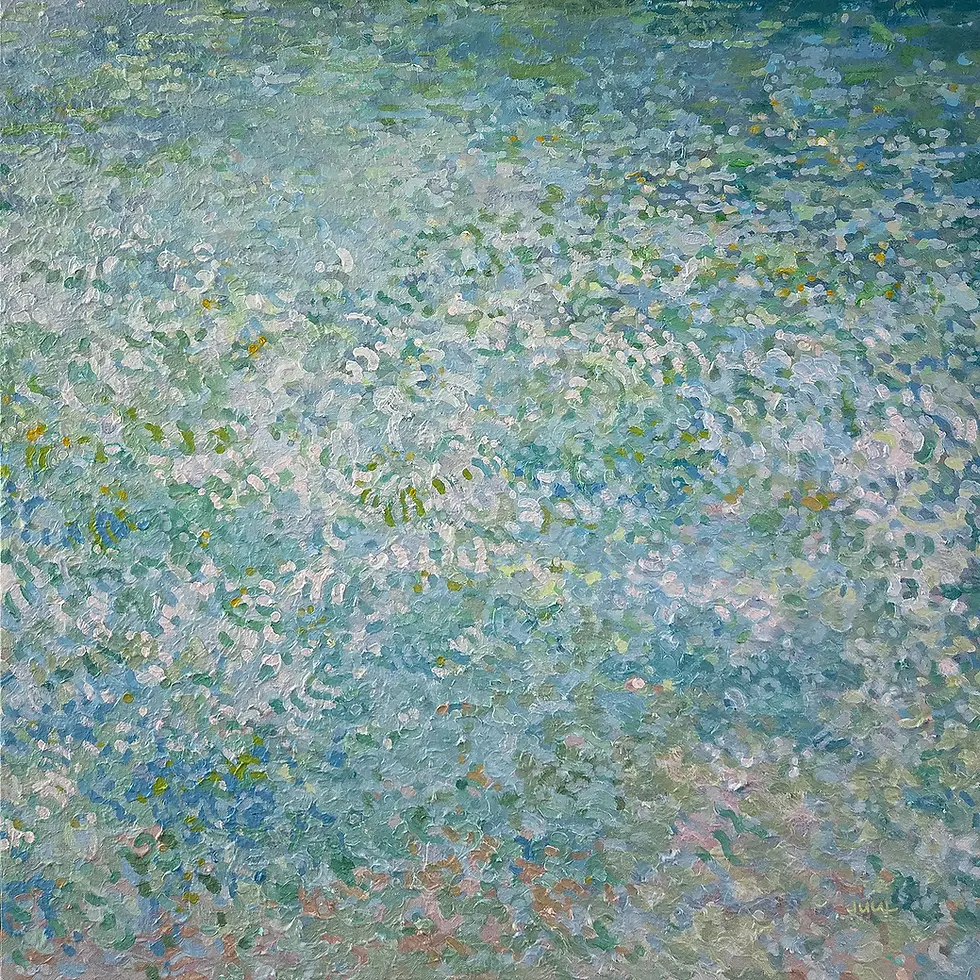 Foggy Morning by Margaret Juul: 32x32 inch teal and silver abstract painting.