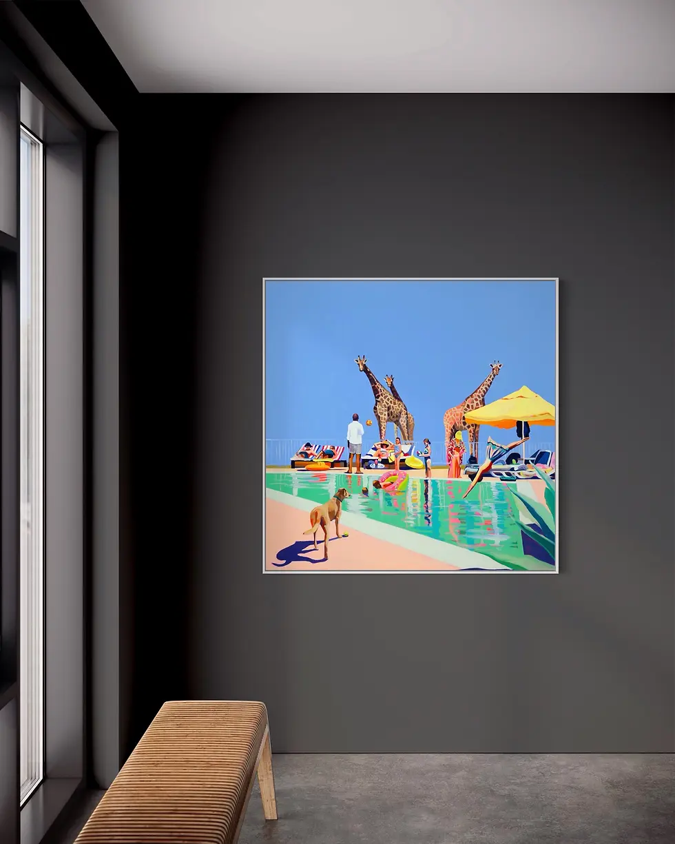 Thumbnail: A vibrant painting by Ruth Mulvie. The painting depicts a surreal scene of giraffes near a pool party on a dark wall