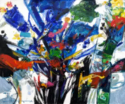 Bosque by Ricardo Reyes, features bold abstract florals in deep blue, green, red, and yellow hues.