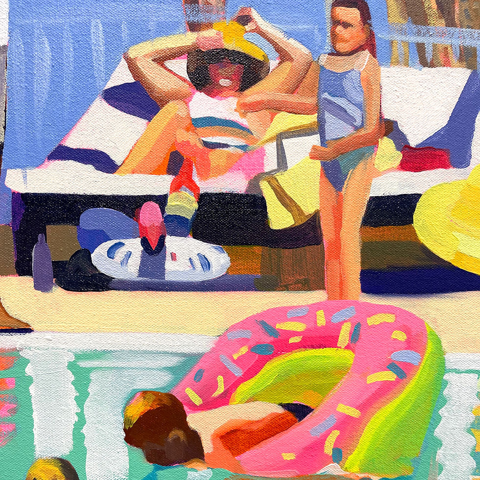 Close-up detail of Ruth Mulvie’s painting showing bold color blocks, layered brushwork, and retro-inspired elements.