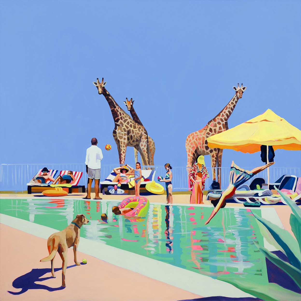 “Giraffes” by Ruth Mulvie — playful, surreal composition with giraffes set against a bold color palette and whimsical atmosphere.