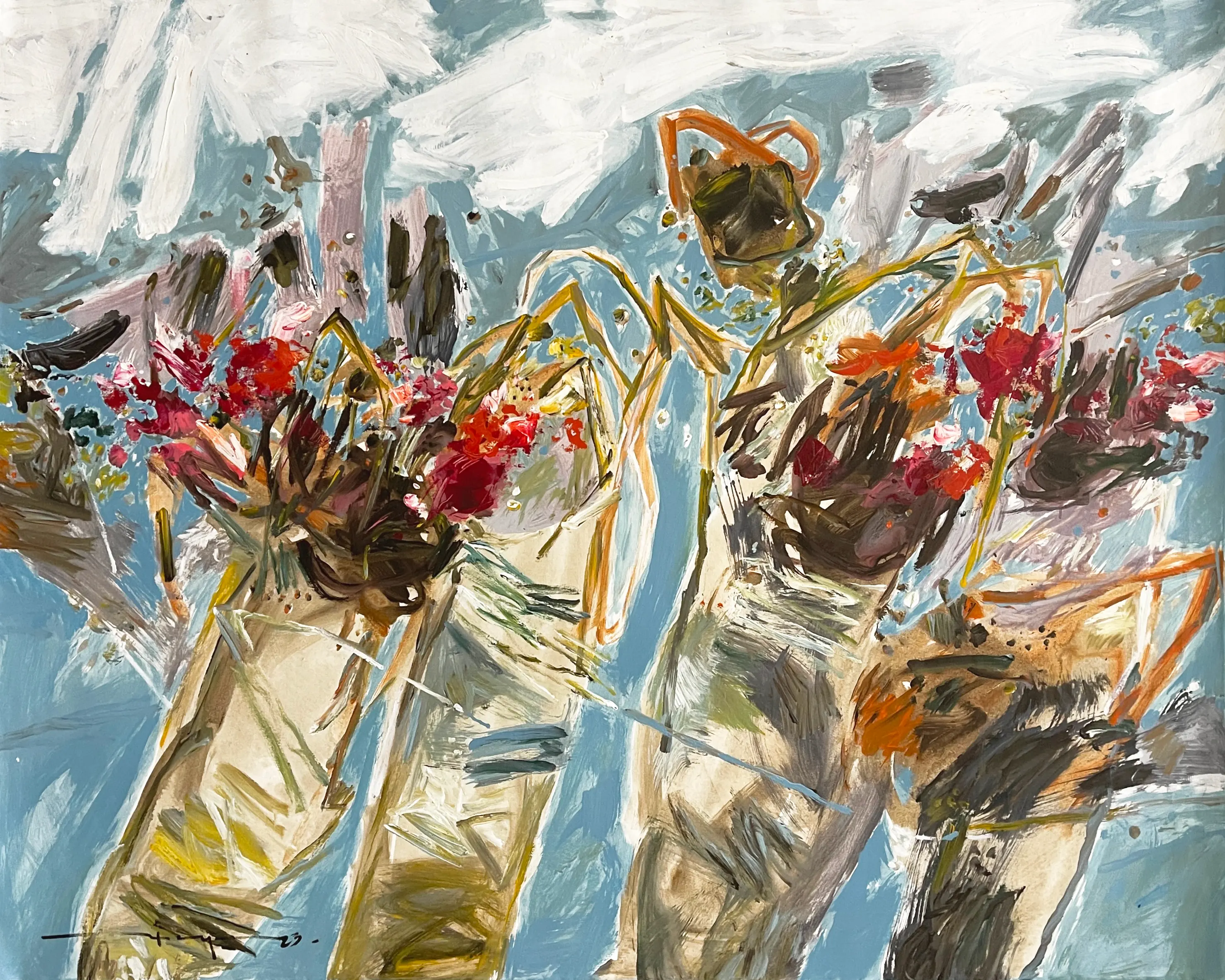 Puentes de Amor by Ricardo Reyes, featuring expressive abstract floral forms in warm ochres, reds, and sky-blue tones.