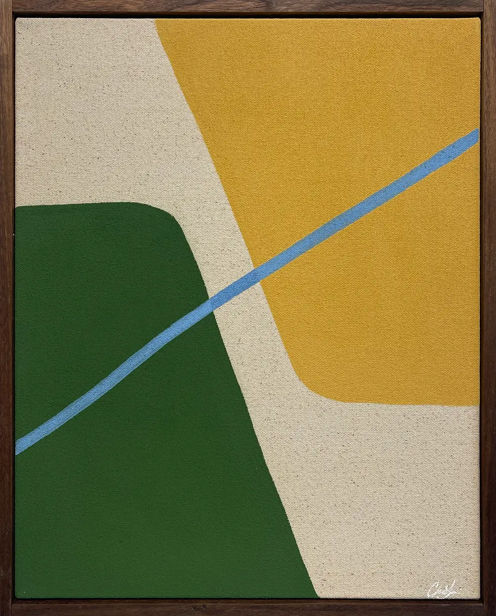 Abstract minimalistic painting with shades of green, yellow, and blue. Cool colors create a calming effect in dark wood frame