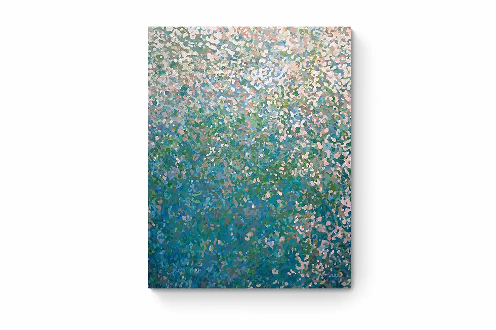 Large 48x60 contemporary waterscape by Margaret Juul on a plain white gallery wall.