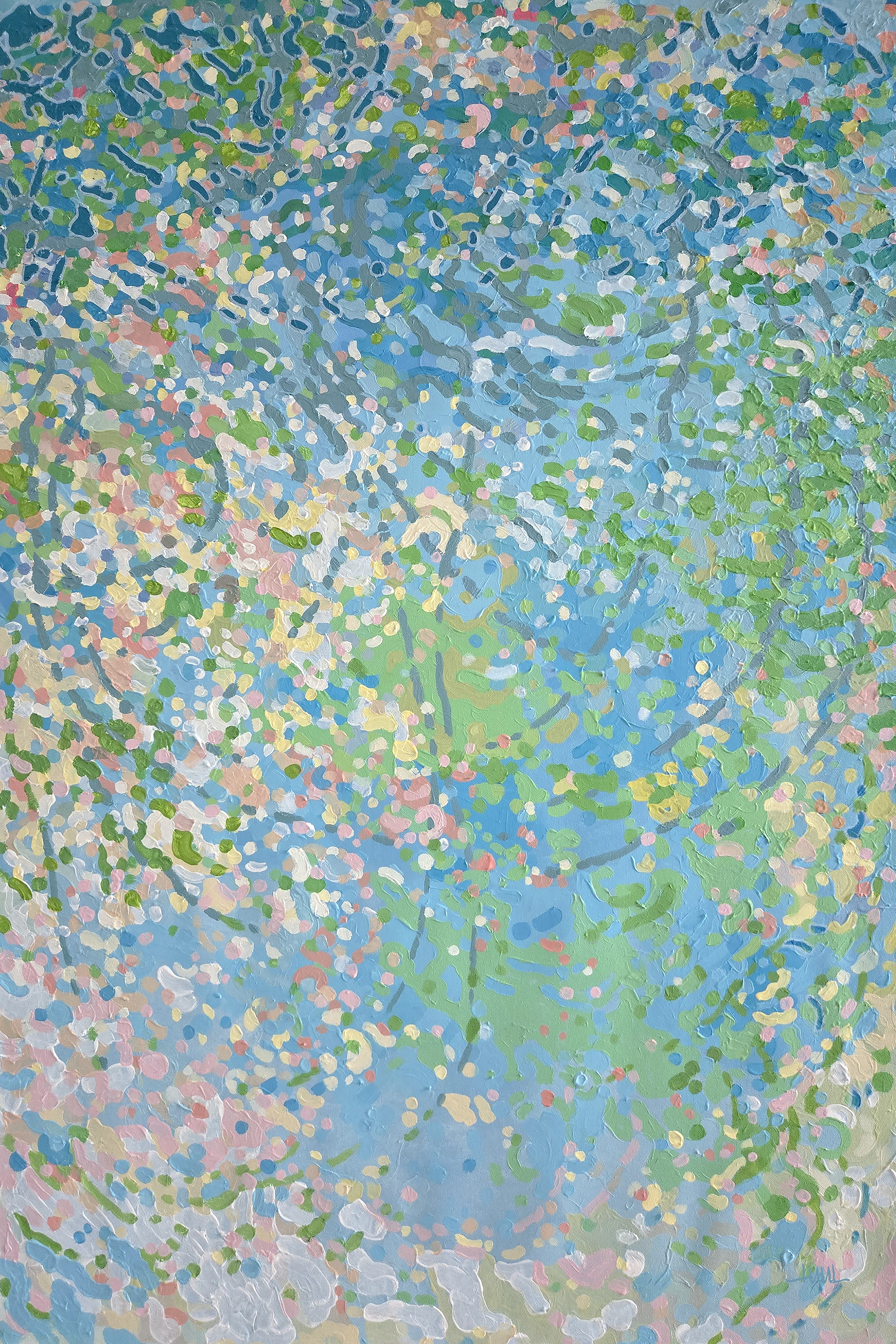 Harmonizing by Margaret Juul, a 26x38 inch blue, green, and pink pointillist abstract painting