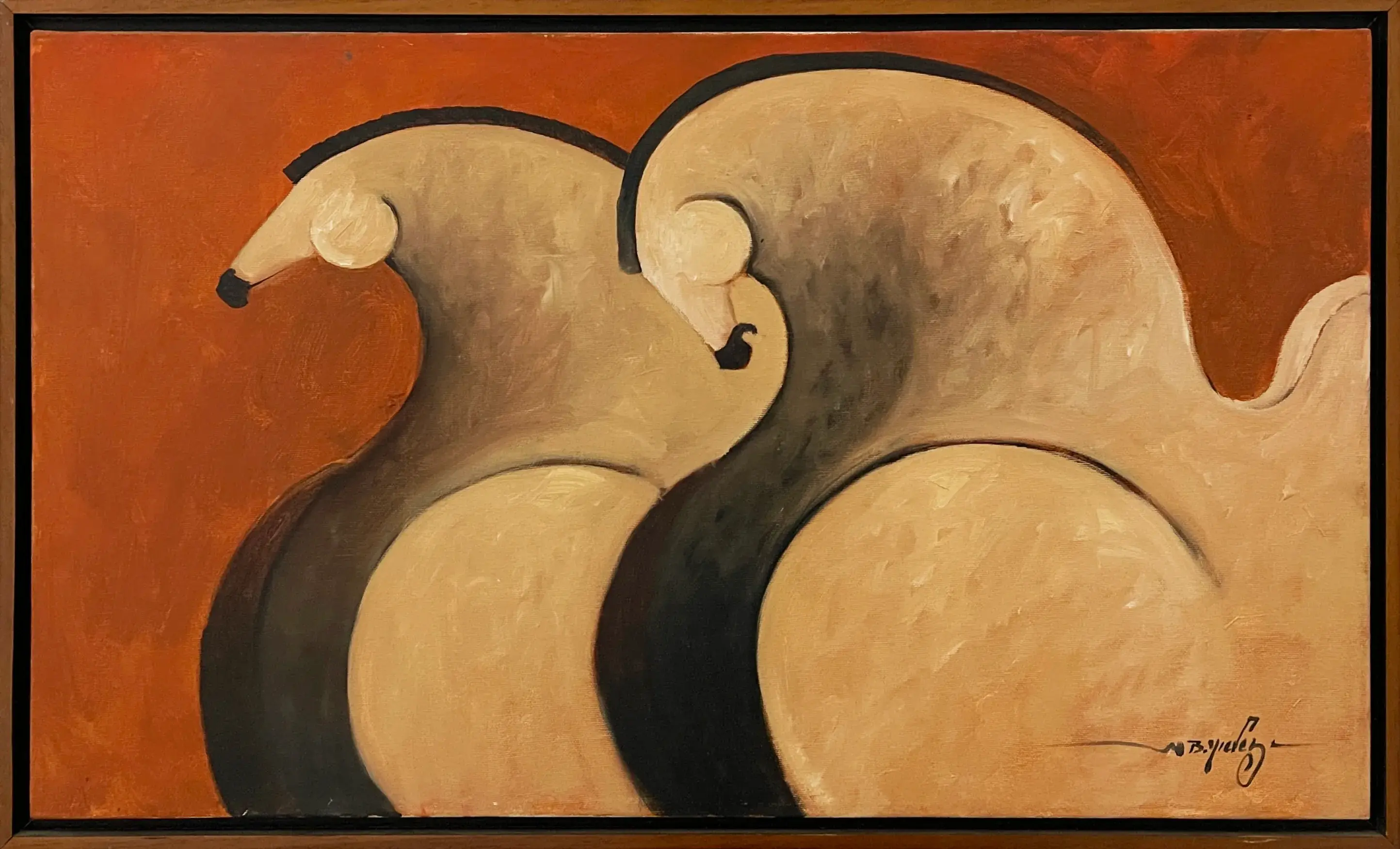 Modern abstract painting featuring two horses in profile against a bold red background.