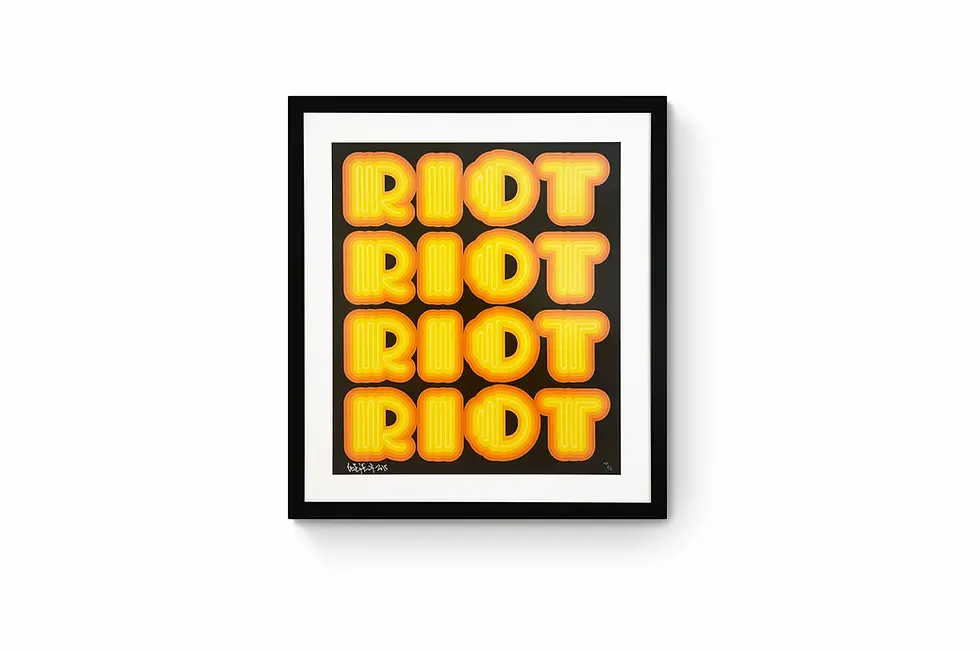 Riot (Yellow) by Ben Eine, contemporary street art print with bright yellow layered letters spelling RIOT in stacked repetion