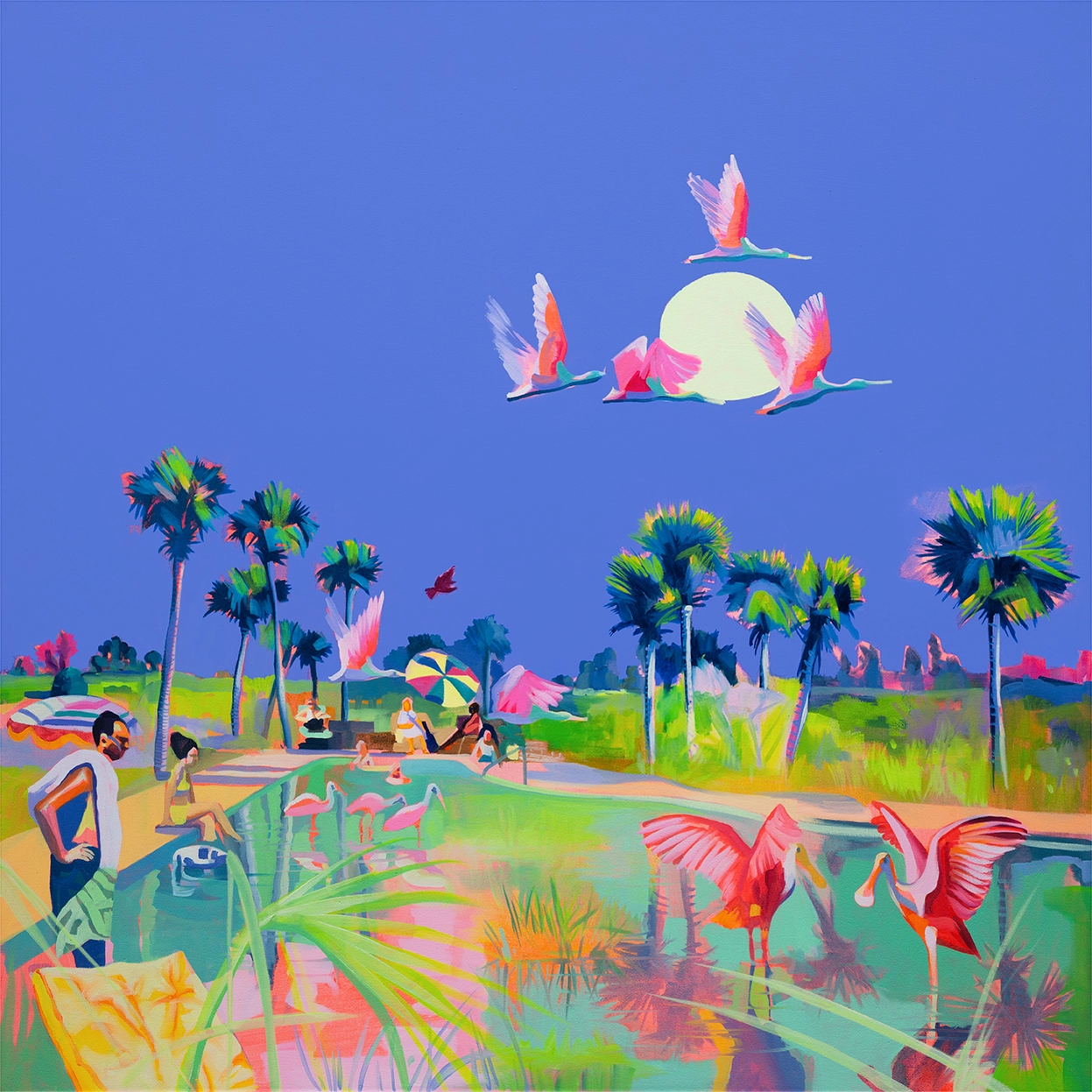 “Hornbills” by Ruth Mulvie — vibrant tropical artwork featuring colorful hornbill birds in a bold, retro-inspired setting.