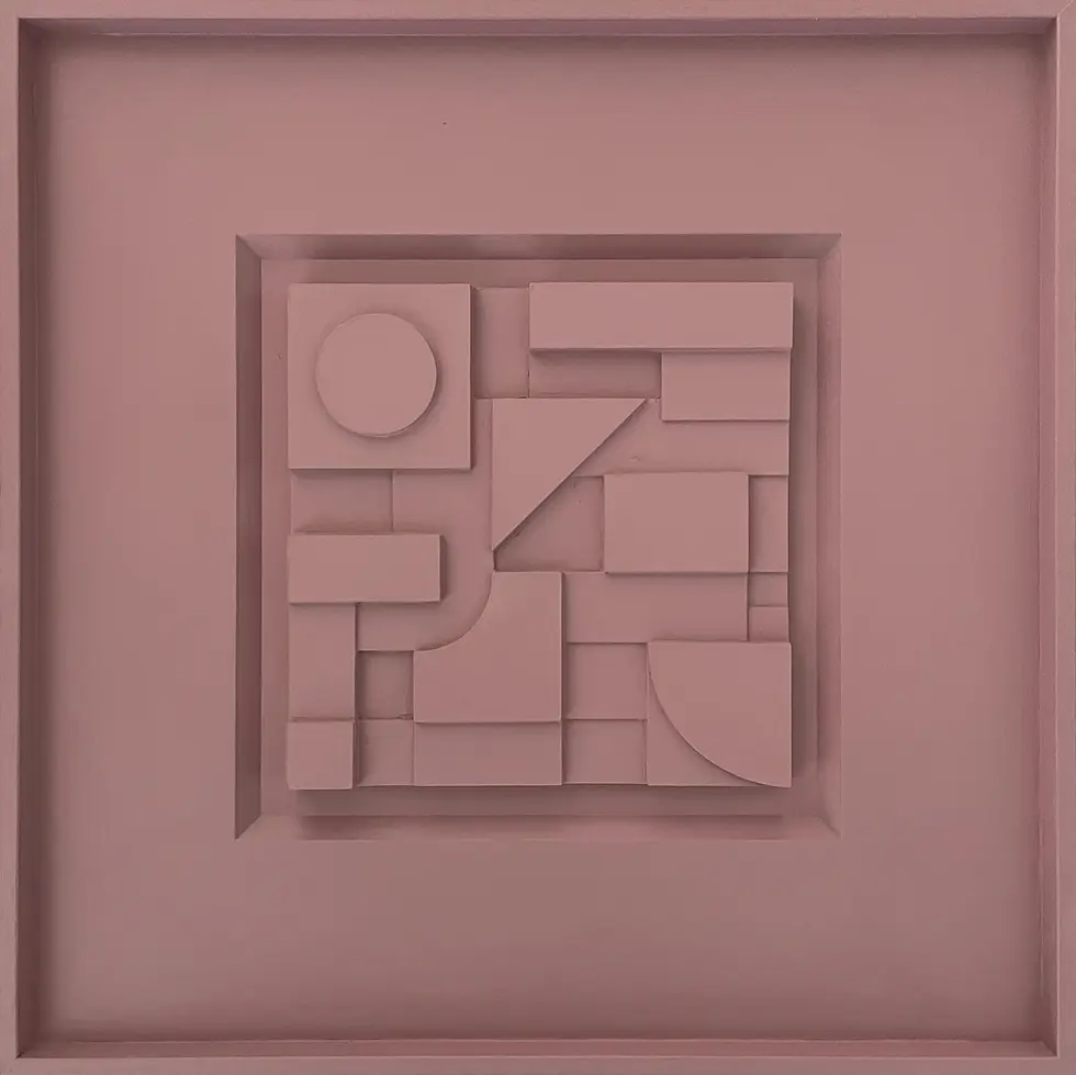 Composition 147 by Sean Thornhill a monochromatic dusty rose geometric relief sculpture featuring tiered architectural shapes