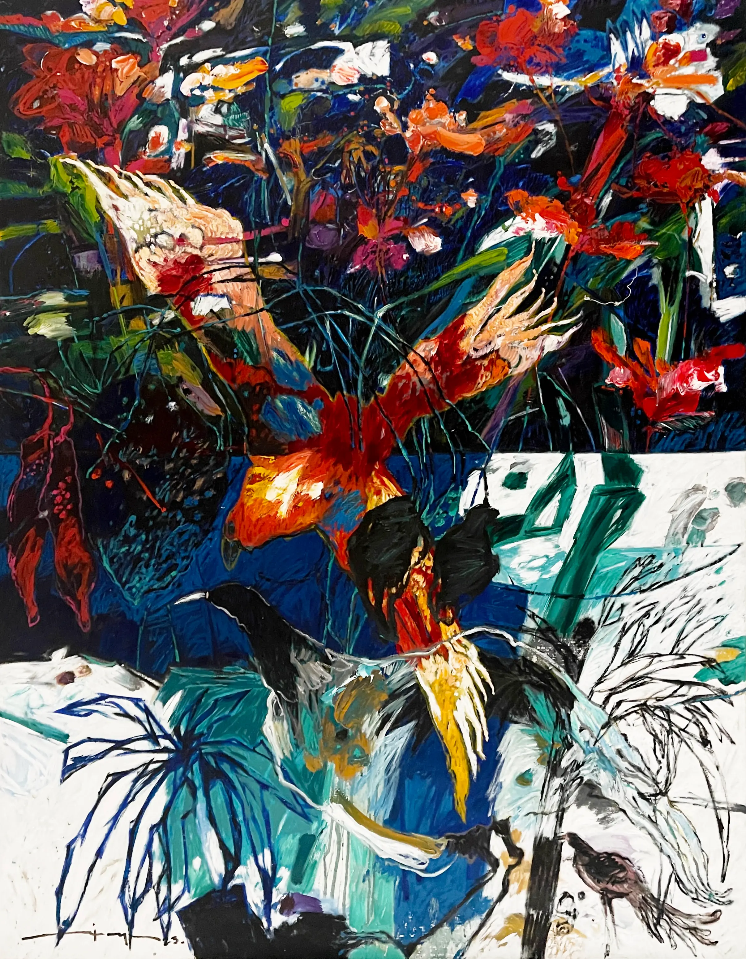 Pájaro by Ricardo Reyes, features expressive abstract florals and avian forms in vibrant red, teal, and cobalt hues.