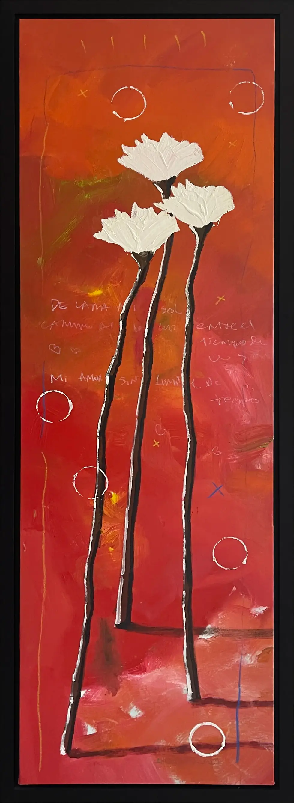 A bold red abstract painting with three white, loopy shapes resembling flowers
