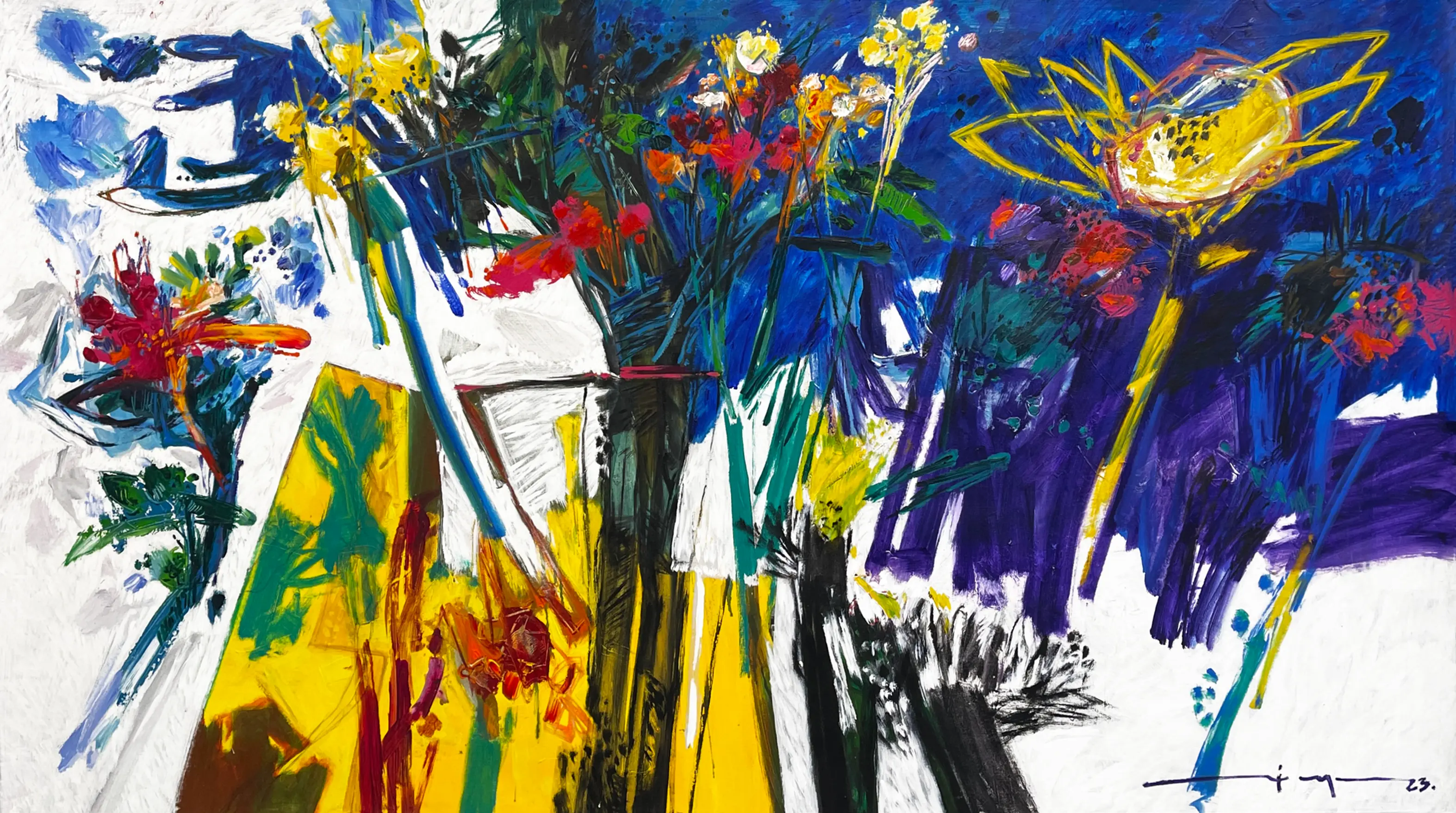 Flora en la Terraza by Ricardo Reyes, features expressive abstract florals in vibrant blue, yellow, and crimson tones.