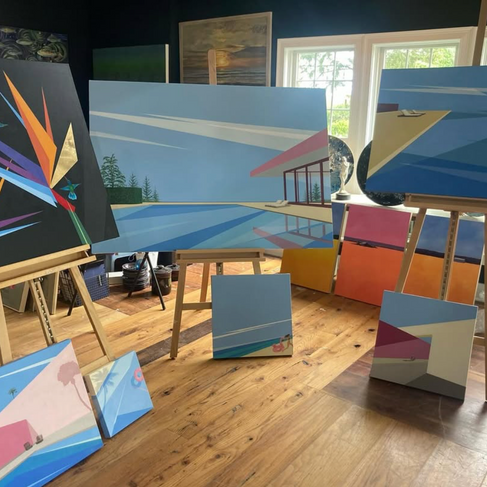 Studio view of Felix Burgos, contemporary artist, working on new paintings for Cool Vibes Only exhibition at D-Gallerie in St. Petersburg, FL.