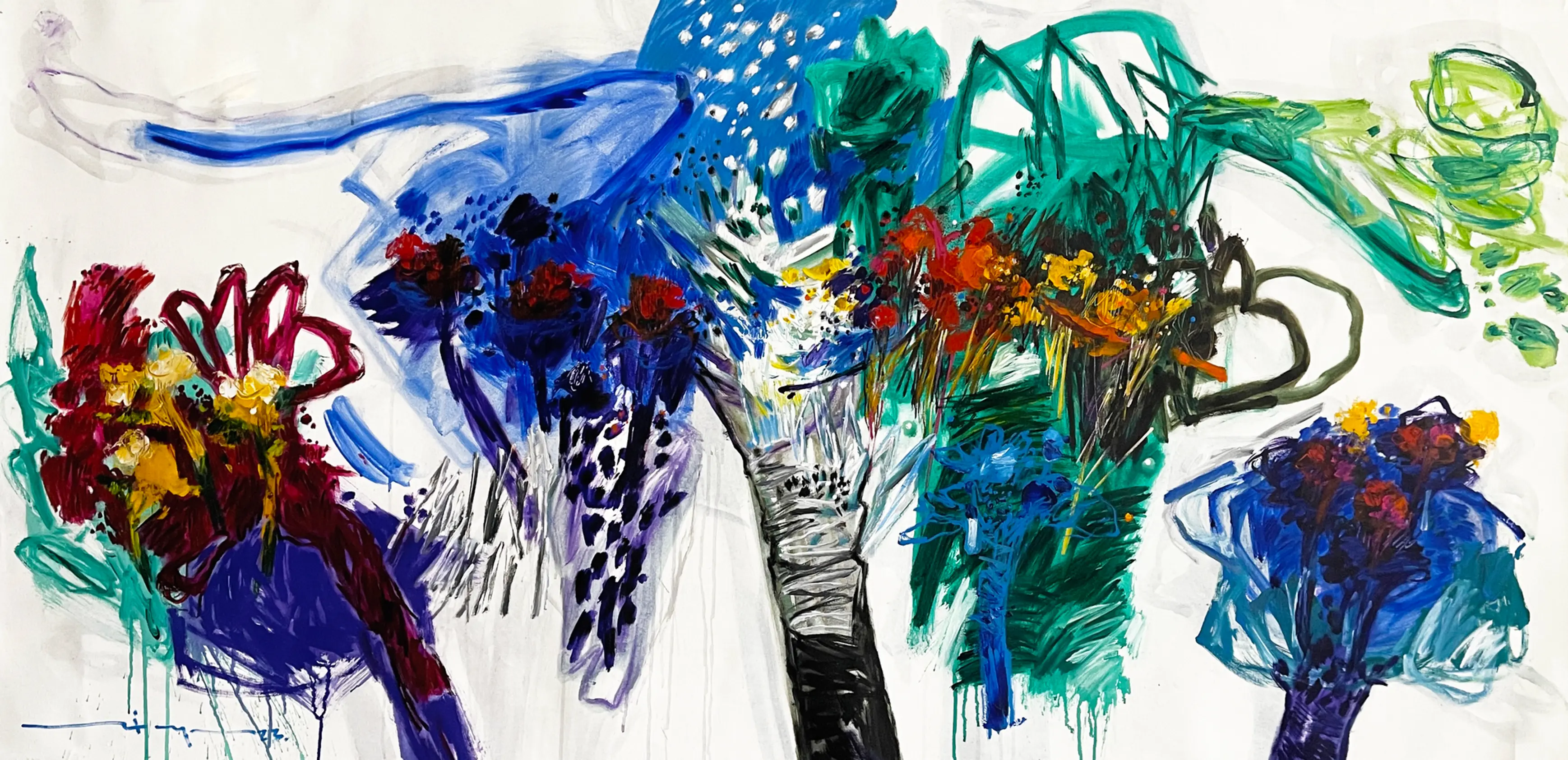Flores de Altar I by Ricardo Reyes, features expressive abstract florals in red, teal, blue, and yellow hues.