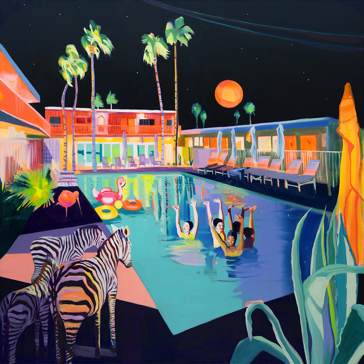 “Party at Palm Springs” by Ruth Mulvie — lively mid-century poolside scene with vivid color, palm trees, and nostalgic escapist charm.