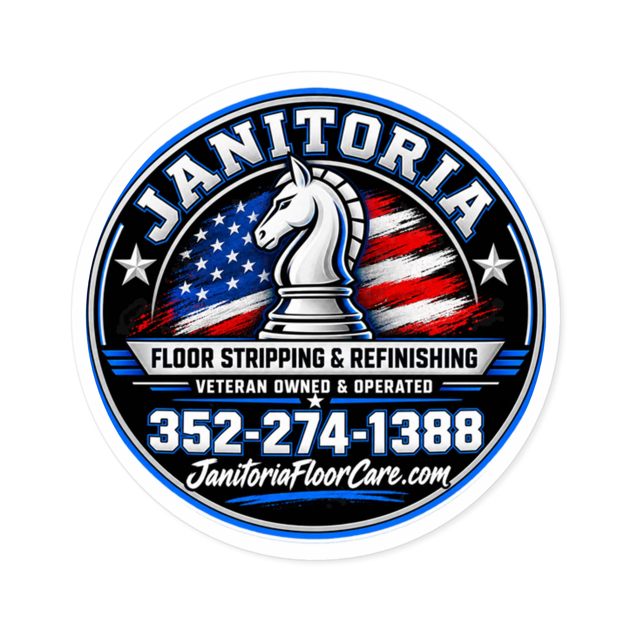 Janitoria Round Sticker — Floor Stripping & Refinishing Veteran-Owned Logo