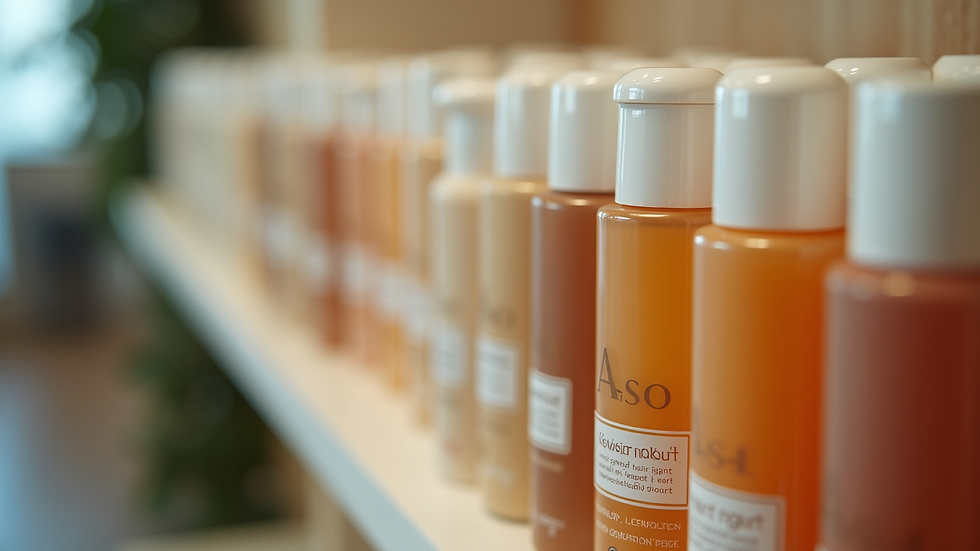 Close-up view of hair care products on salon shelf