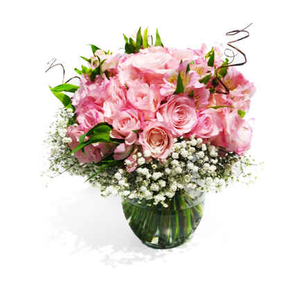 Arranjo com 60 rosas, astromélias, gipso