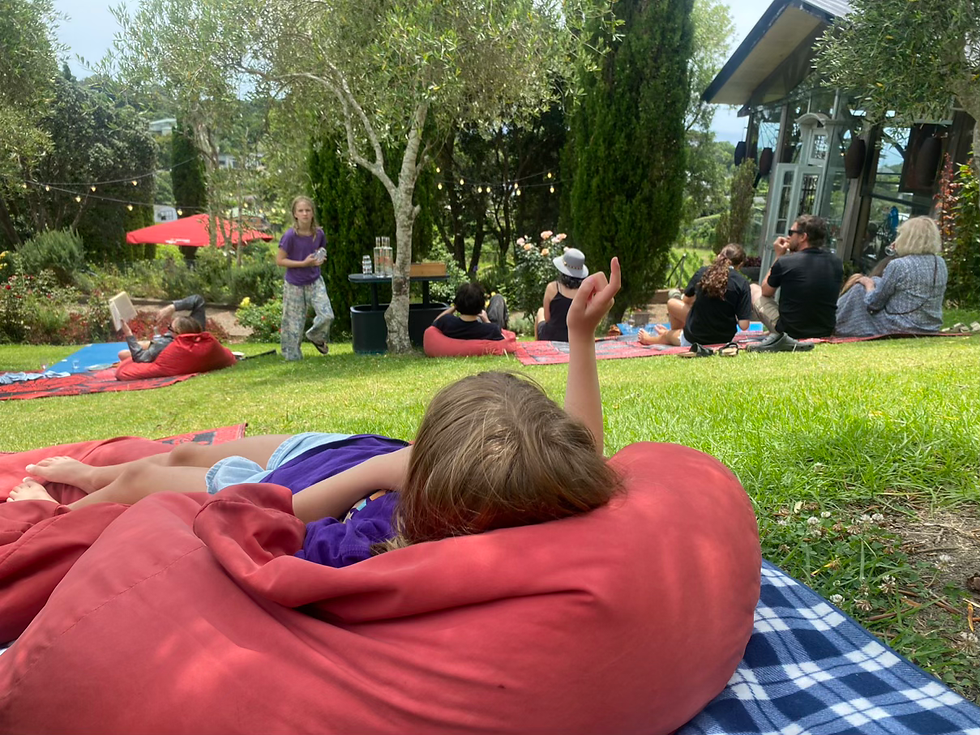 Evelyn relaxing on the bean bag