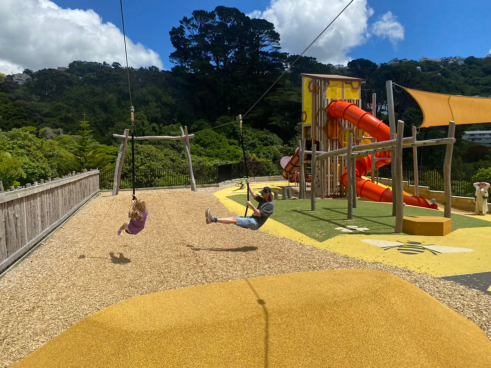 the kids playground and Michael and Jess going down the zipline