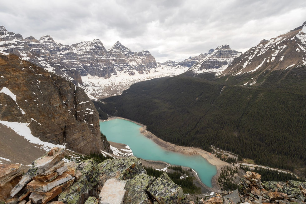 The view of Moraine lake from the tower of Babel