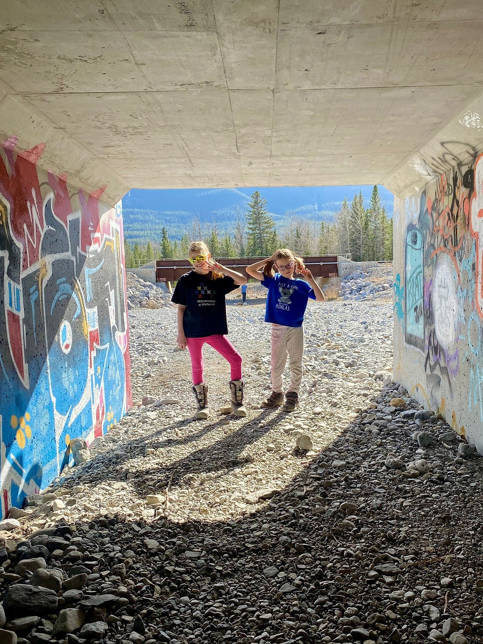 The girls posing by graffiti in the tunnels