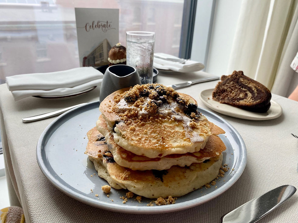 Blueberry pancakes at the Muir Hotel for room service