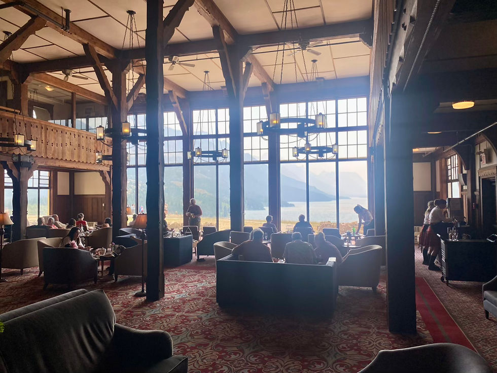 The large inside of the hotel with the big windows