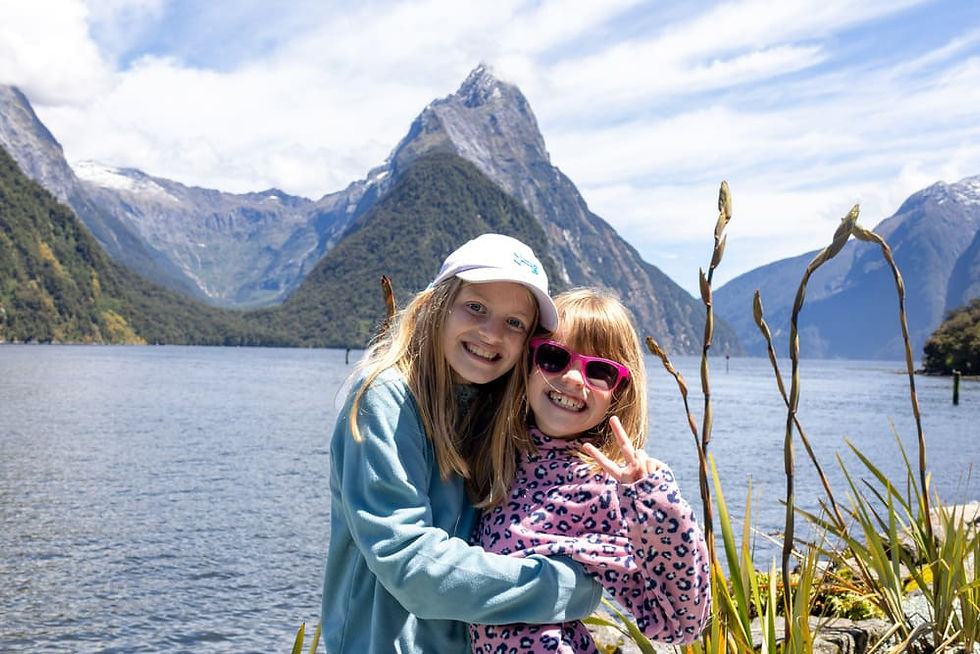 The girls in front of Mitre Peak