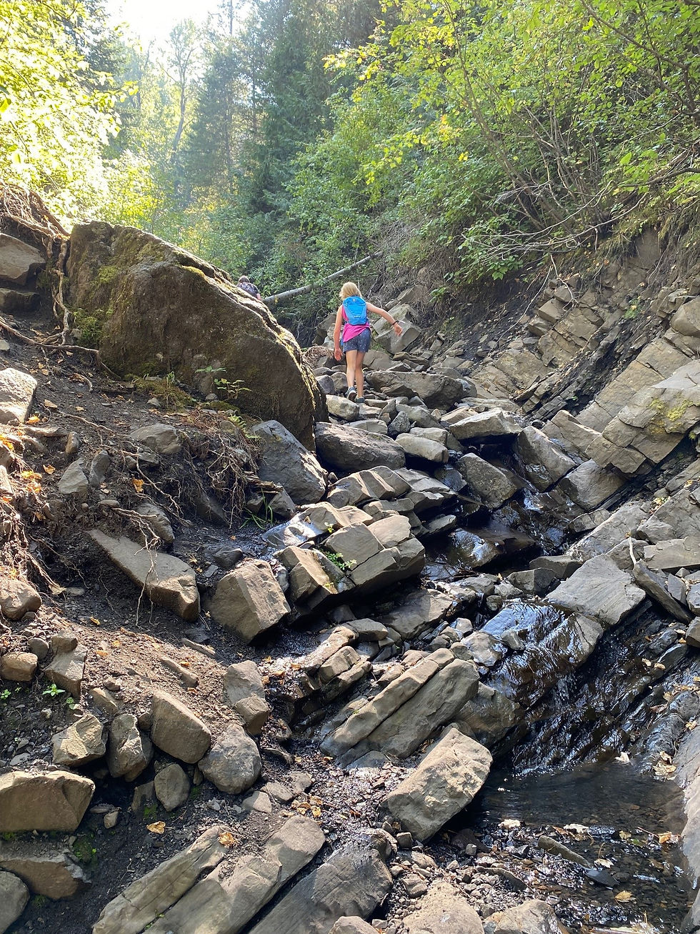 Climbing the creek bed to find the ammonite fossil