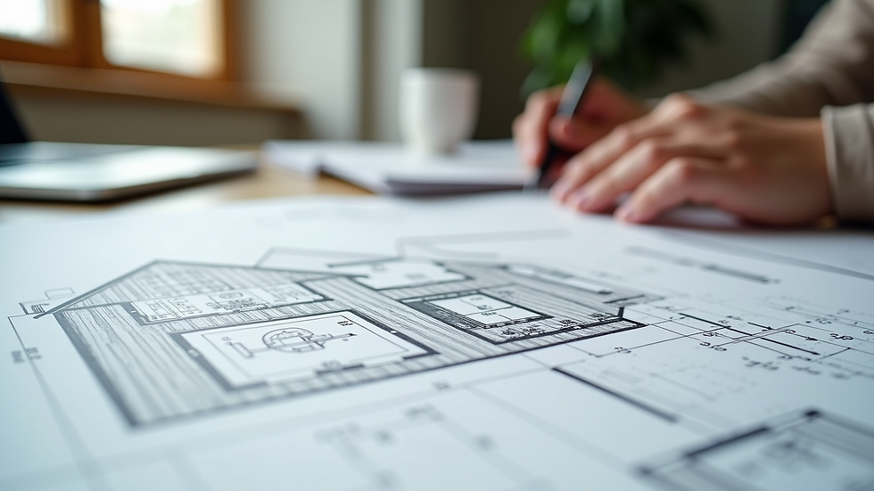 Close-up view of a detailed home remodeling plan on a table