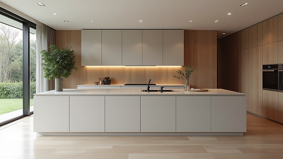 Wide angle view of a modern kitchen with a large island and sleek cabinetry