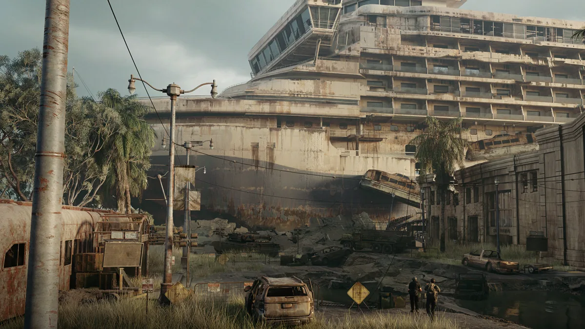 Two survivors walking towards a large, post apocalyptic cruise ship.