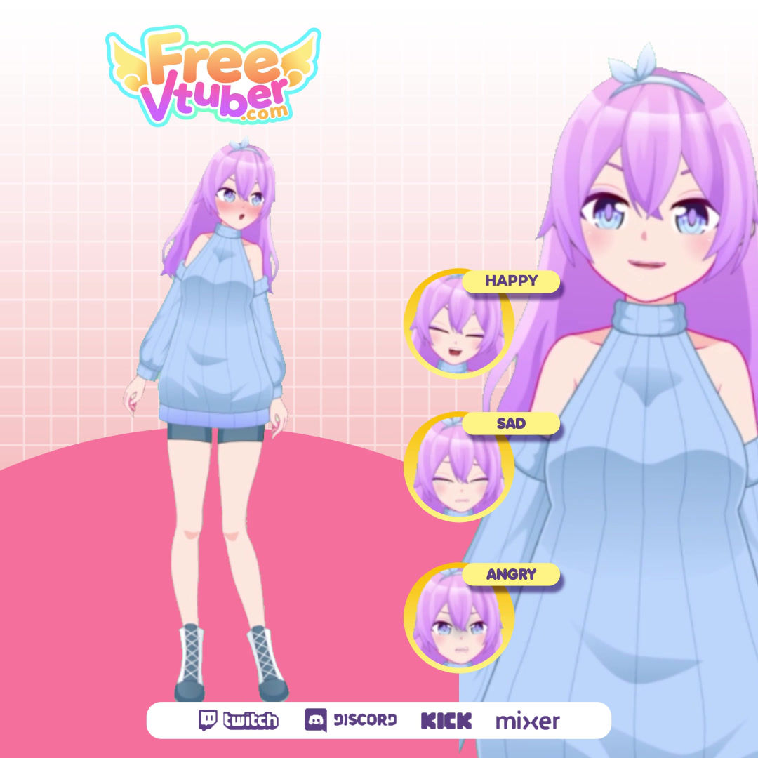 Sweet-style Live2D model with purple hair | wearing a mini dress and boots.