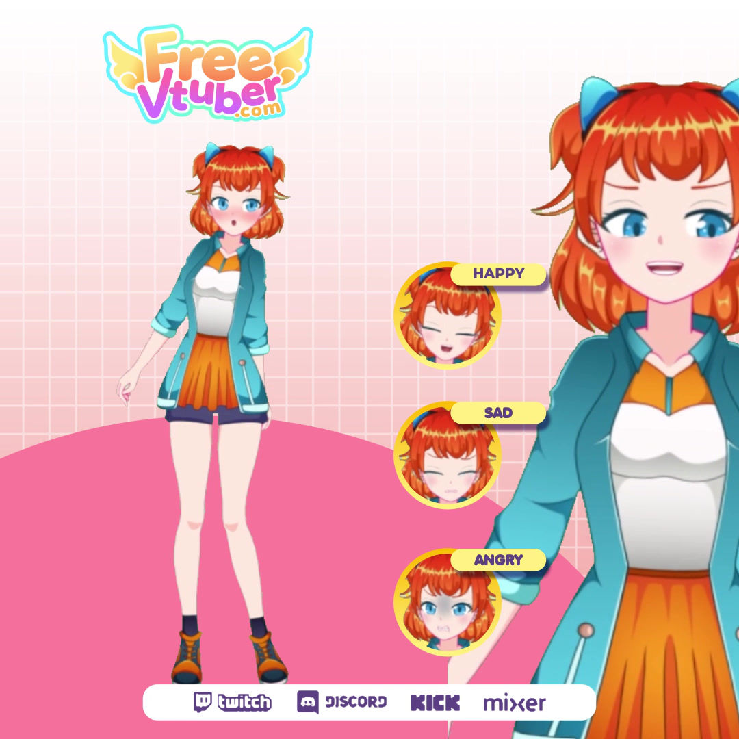 Live 2D VTuber model of a girl wearing a blue jacket and a mini dress with boots