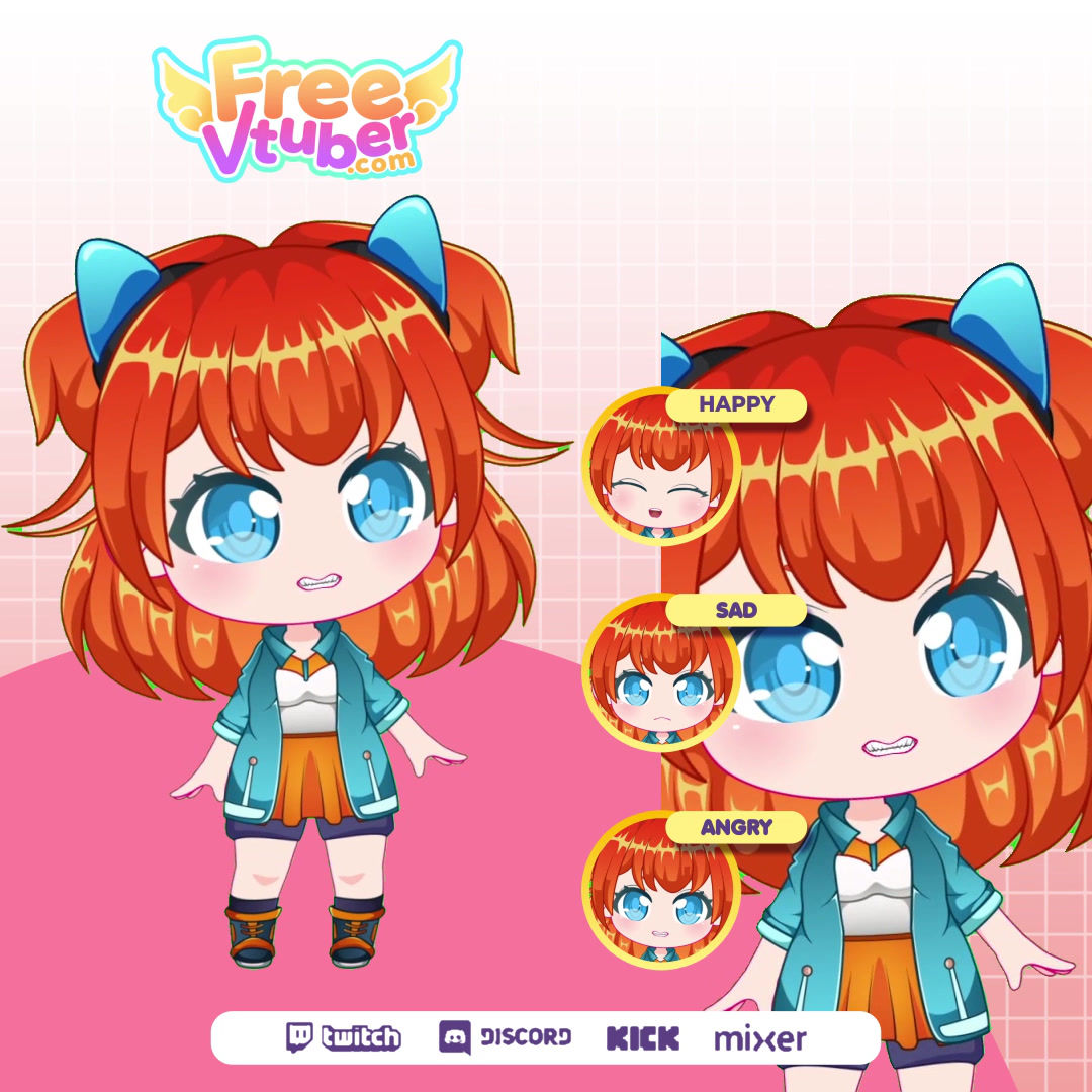 Cute Chibi Vtuber Live 2D Model in Teal Hoodie and Orange Pleated Skirt