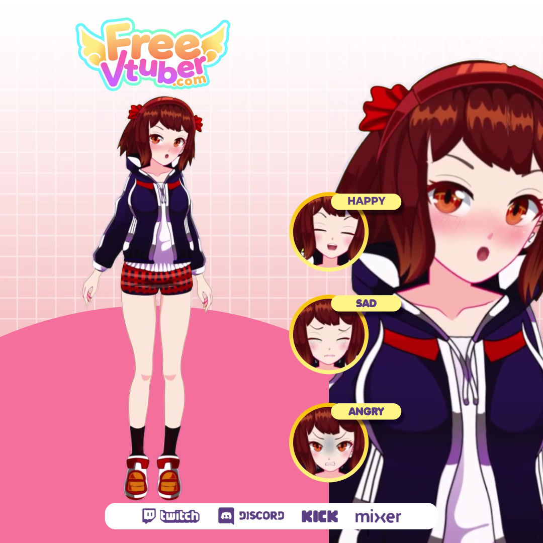 Casual Vtuber with Red Plaid Shorts and Zip-Up Hoodie