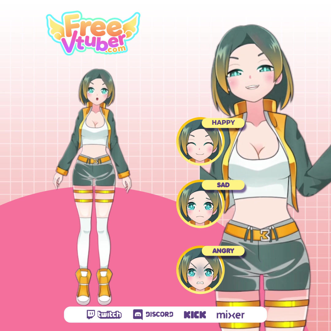 Green and Gold Jacket Vtuber Model in Athletic Wear - Includes Full Expressions