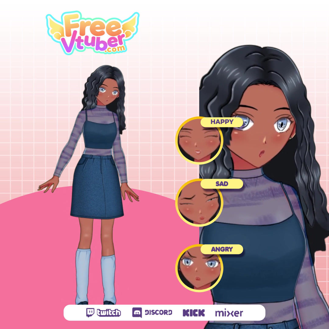 Live2D VTuber Model with a Girl Character, Brown Wavy Hair, and Denim Skirt.