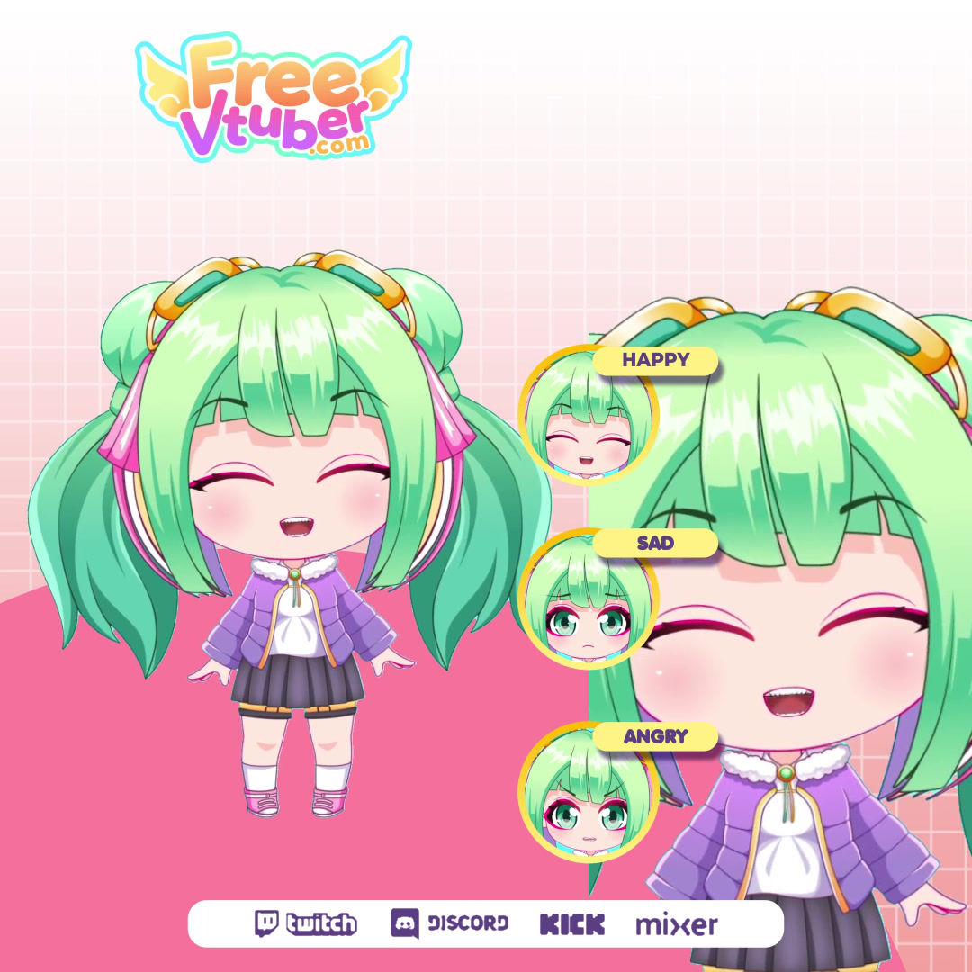 Chibi VTuber Live2D model with green hair dengan casual clothes