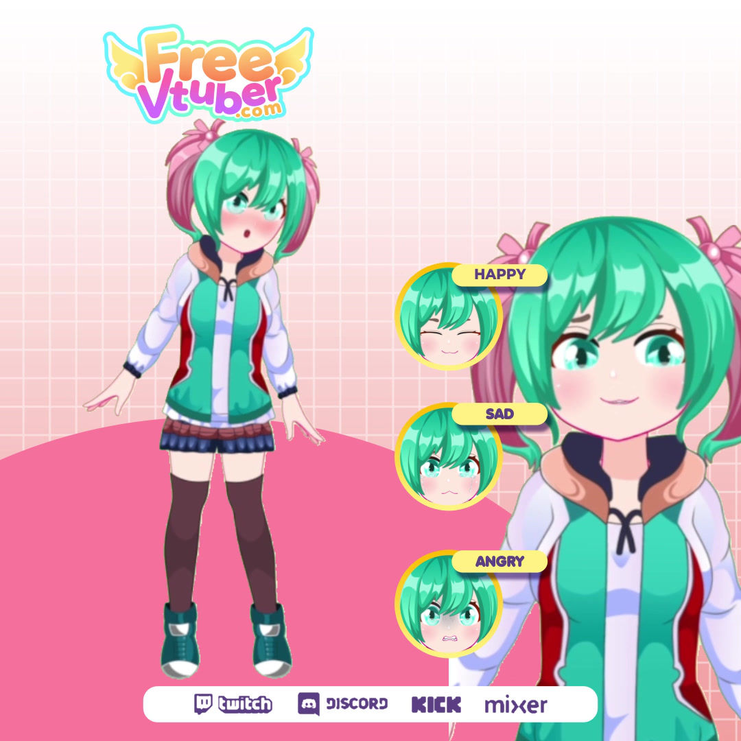 VTuber Live2D cute loli model with cute pink green hair, wearing a cool hoodie.