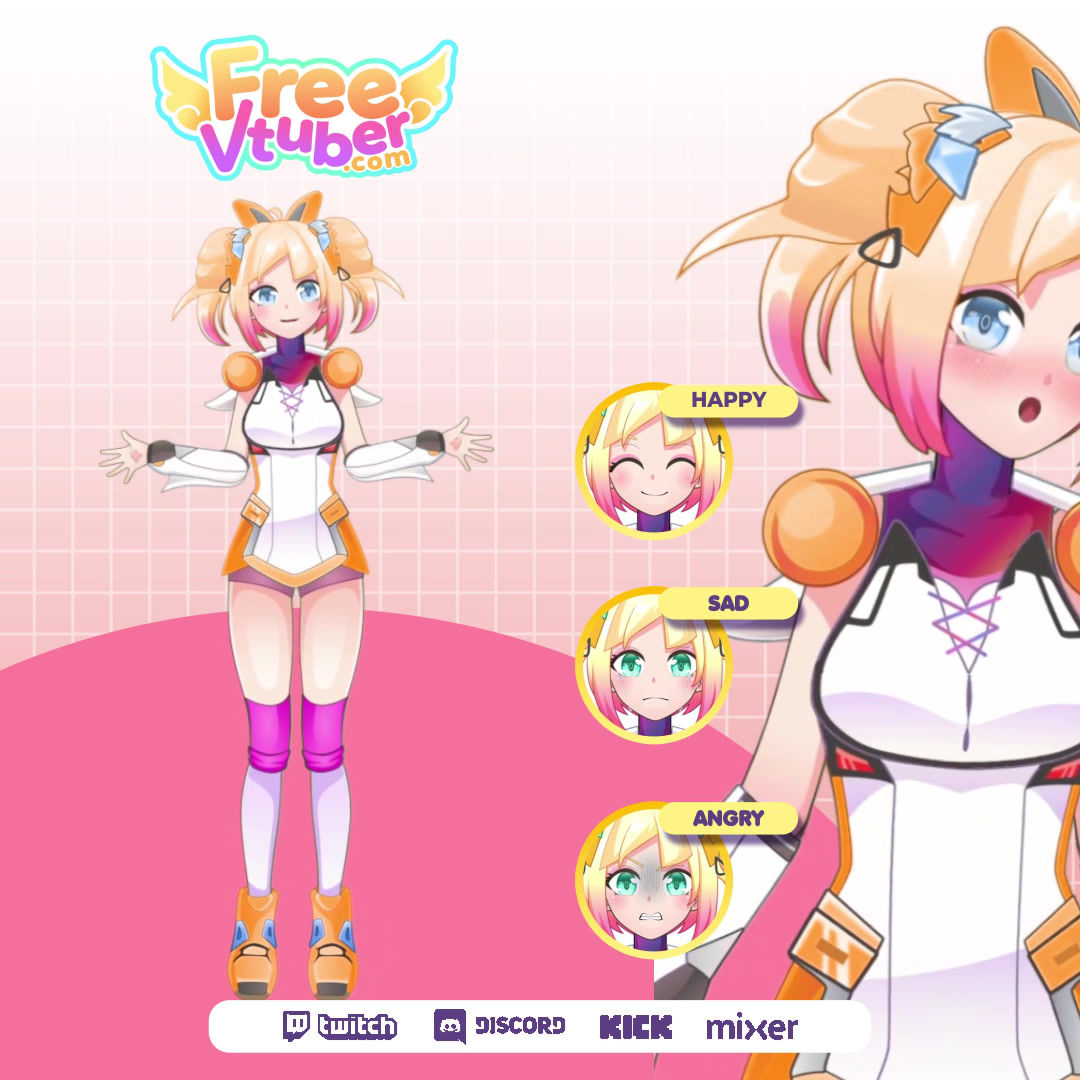 Blonde Twin-Tailed Vtuber Live2D Model with Orange and White Sci-Fi Outfit