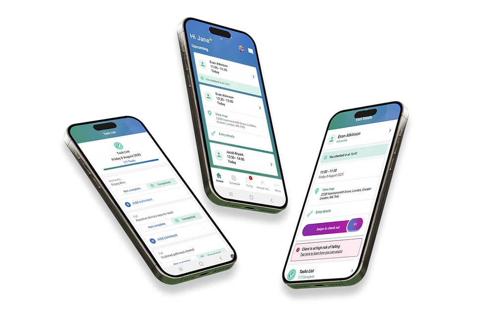 Three smartphones displaying different screens of the Cera app, including task lists, visit details, and upcoming appointments, on a purple background.