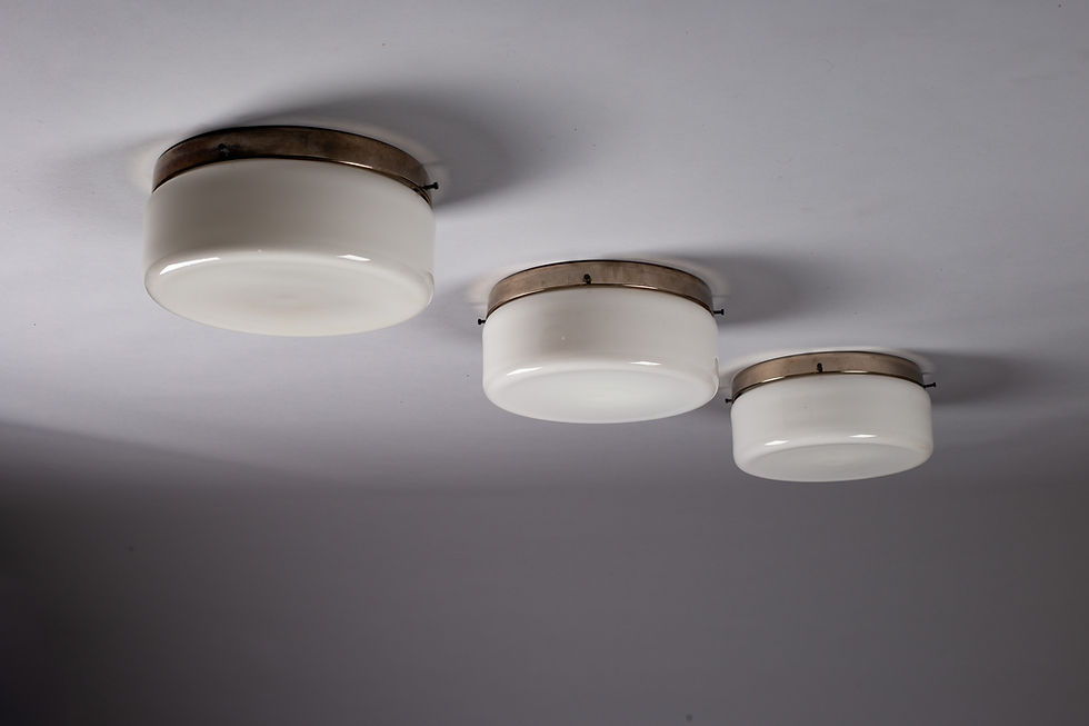 Thumbnail: Paavo Tynell, set of three 1930s opaline glass flush mounts, Taito Oy