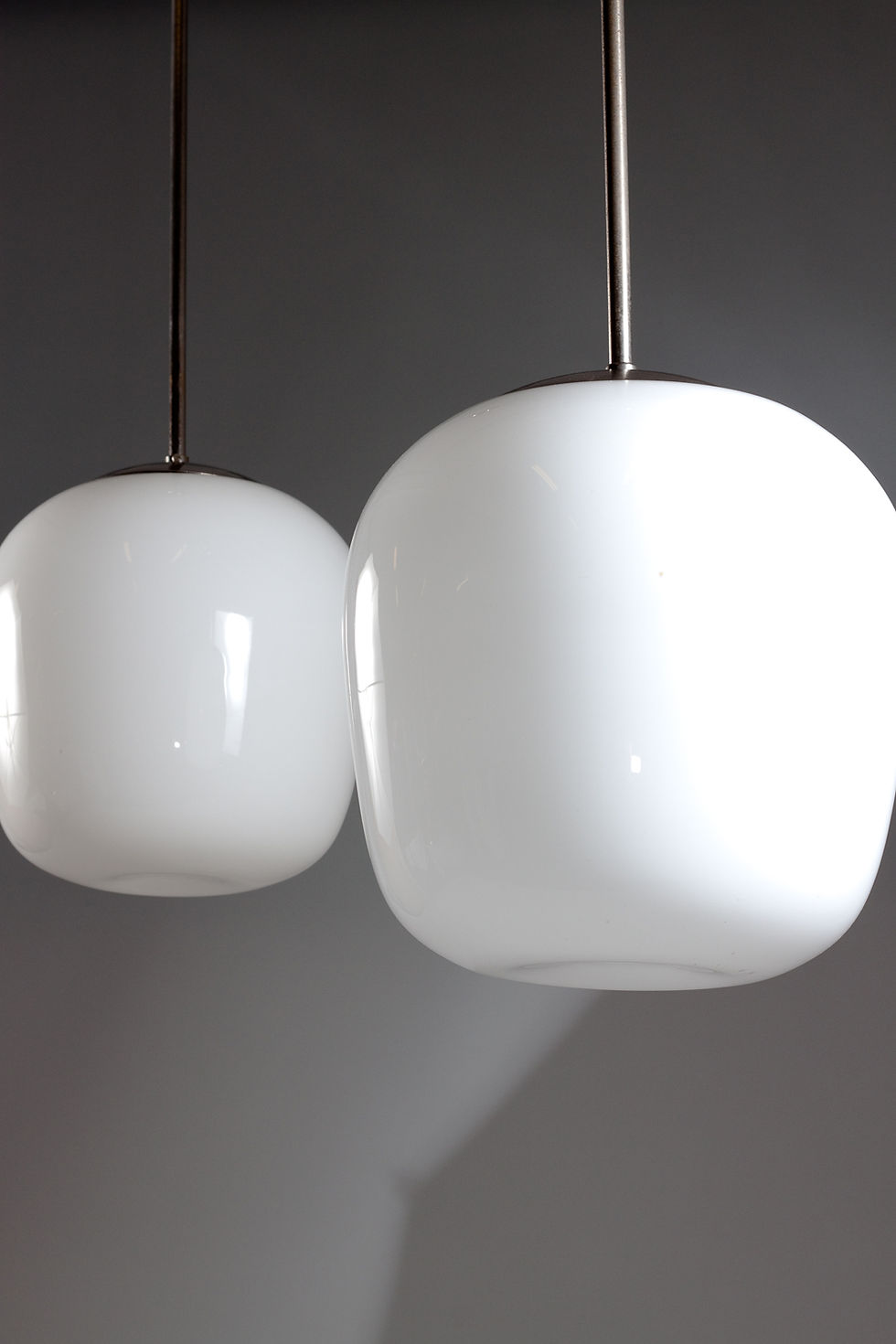 Thumbnail: Gunnel Nyman, pair of 1940's opaline glass pendant lamps for Idman Oy