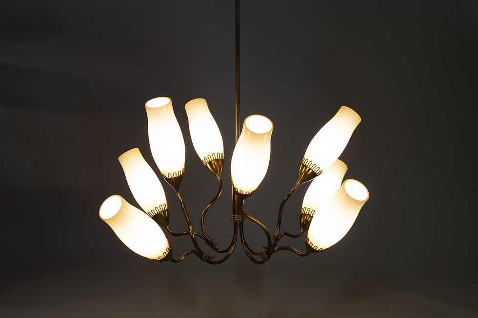 Thumbnail: Rare Gunnel Nyman model 51110 brass and opaline glass chandelier for Idman Oy, Finland, 1950s